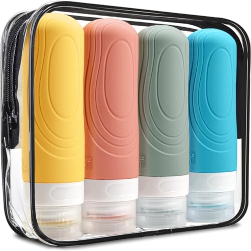 GLAMFIELDS TSA Approved Travel Bottles for Toiletries, 3oz Size Leak Proof Silicone Containers for Shampoo, Conditioner,Easy to Squeeze and Portable, Essentials for Traveling (4 Pack) Yellow