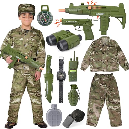 Tacobear Army Soldier Military Costume for Kids Boys Ages 3-10 Halloween Dress Up Role Play Set with Toy Accessories