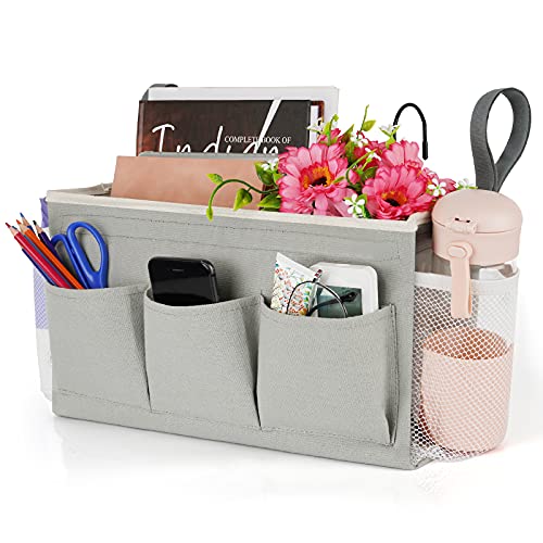 Lilithye Bedside Storage Organizer with Fixed Straps and Water Bottle Holder for Home, College, Dorm, Bunk / Hospital Bed, Crib Bed Rails (Grey)