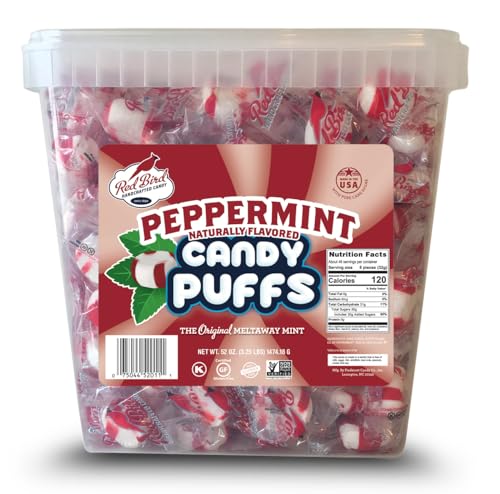 Red Bird Soft Peppermint Puffs 52 oz Tub, Individually Wrapped Mints, Gluten Free, Kosher, Free from Top Allergens, 100% Pure Cane Sugar