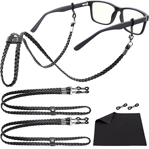 Eye Glass String Strap Holder - Premium ECO Leather Glass Strap - Eye Glass Chain Holder to Wear - Eyeglass Chain for Man Women - Eyeglass Strap Lanyard - 2 Cords (Black)