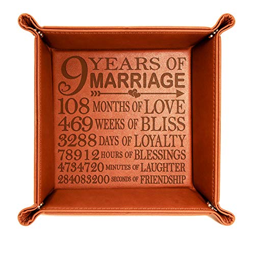 KATE POSH 9 Years of Marriage Engraved Leather Catchall Valet Tray, Our 9th Wedding Anniversary, 9 Years as Husband & Wife, Gifts for Her, for Him, for Couples (Rawhide)