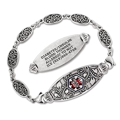 Divoti Custom Engraved Medical Alert Bracelets for Women, Stainless Steel Medical Bracelet, Medical ID Bracelet w/Antique Silver Plating – Heritage Silver – Lovely Filigree/TP Red-7.5'