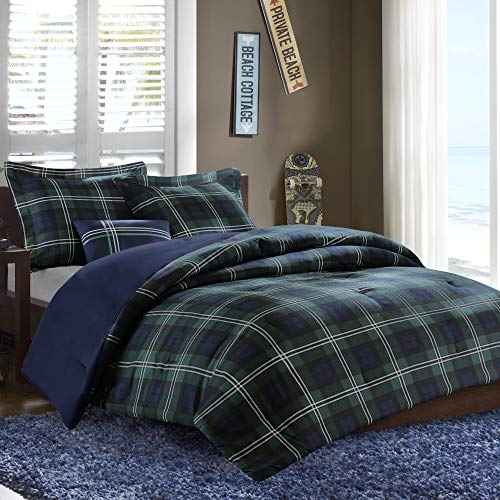 Mi Zone Cozy Comforter Set Cabin Lifestyle Plaid Design All Season Bedding Matching Shams, Decorative Pillow, Full/Queen, Brody Blue 4 Piece, Green/Navy