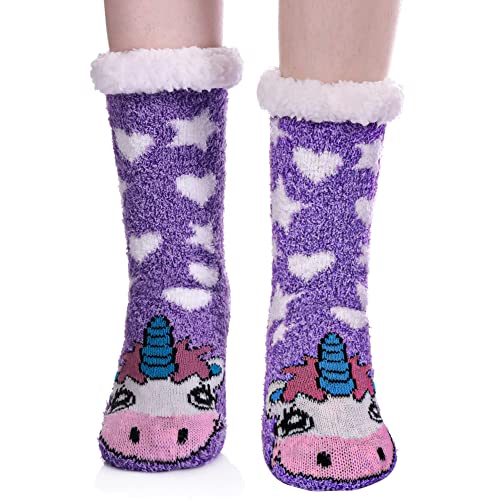 MQELONG Womens Super Soft Cute Cartoon Animal fuzzy Cozy Non-Slip Winter Slipper Socks (Unicorn) One Size