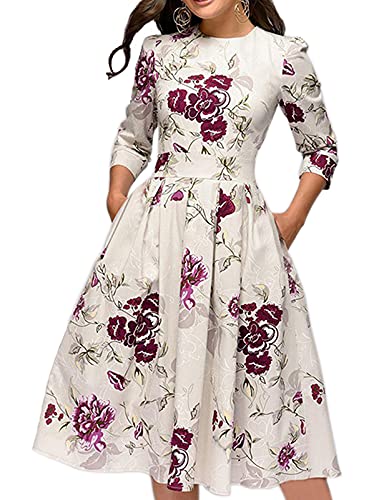 Simple Flavor Women's Floral Vintage Dress Elegant Autumn Midi Evening Dress 3/4 Sleeves (Beige, M)