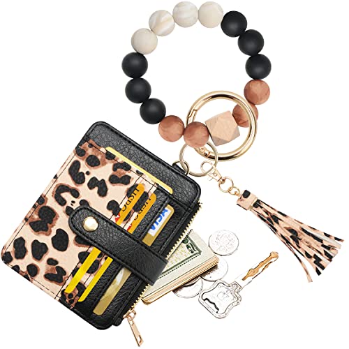 COOLANS Wristlet Bracelet Keychain Card Holder Card Pocket PU Leather Purse Tassel Keychain Bangle Key Ring for Women Girls (Silicone Bead Bracelet+Card Purse (Black Leopard))