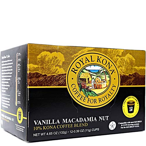 Royal Kona Vanilla Macadamia Flavored, 10% Kona Coffee Blend, Light-Roast Single-Serve Coffee Pods, Compatible with Keurig Brewers, A Taste of Aloha - (12 Count Box)