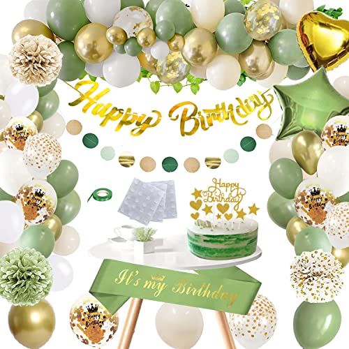 GYESXYW Sage Green Party Decorations, Olive Green and Gold Birthday Decorations Happy Birthday Banner, Birthday Sash and Gold Confetti Balloons for Men Women Boys Girls Baby Shower Birthday Supplie