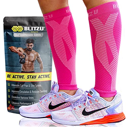 BLITZU Calf Compression Sleeves for Men and Women. Footless Compression Socks Support for Varicose Vein, Nursing, Running. Leg Sleeve Brace for Shin Splints, Pain Relief & Reduces Swelling Pink S-M