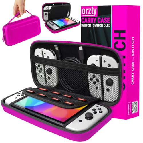 Orzly Carry Case Compatible with Nintendo Switch and New Switch OLED Console - Pink Protective Hard Portable Travel Carry Case Shell Pouch with Pockets for Accessories and Games