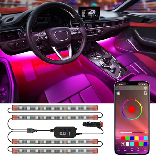 orahon Car LED Lights,Smart App Control,RGB Inside Car Lights DIY Dynamic Color Music Mode 4Pcs Strip Lights for Cars with Car Charger, DC 12V