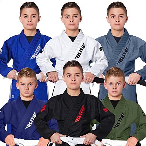 Elite Sports Kids BJJ GI, Youth IBJJF Children’s Brazilian Jiujitsu Gi kimono W/Preshrunk Fabric & Free Belt (Military Green, 00)