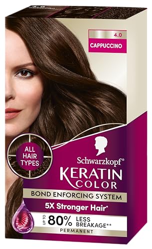 Schwarzkopf Keratin Color Permanent Hair Color, 4.0 Cappuccino, 1 Application - Salon Inspired Permanent Hair Dye, for up to 80% Less Breakage vs Untreated Hair and up to 100% Gray Coverage
