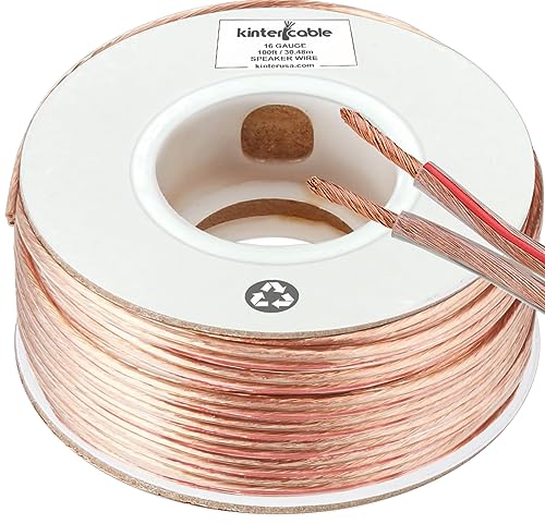 Kinter Cable 100ft 16-Gauge Audio Stereo Speaker Wire Cable, 100 Feet, 30.48 Meters, 2 Conductor, Polarity Marked, Flexible Clear PVC, CCA, Home Theater, HiFi, Surround or Auto Amps