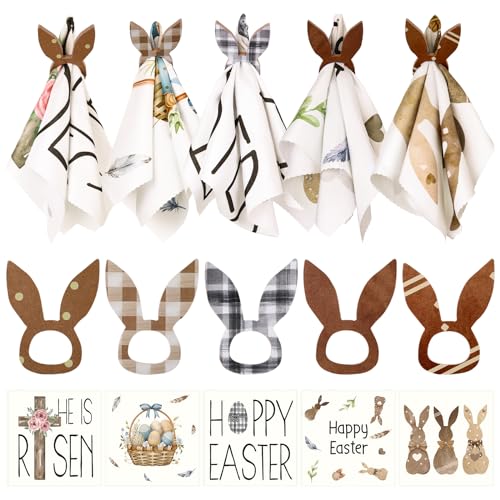 SiliFine 10 Sets Easter Bunny Napkins Cloth with Wooden Bunny Napkin Rings Set Reusable Printed Cotton Fabric Cocktail Napkins Easter Bunny Napkin Rings Holders for Easter Wedding Spring Dinner Party