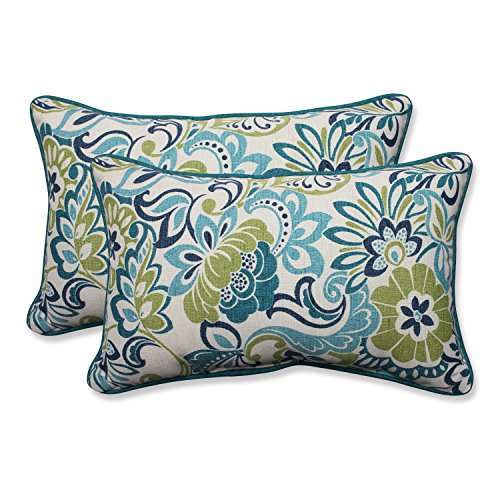 Pillow Perfect Floral Indoor/Outdoor Accent Throw Pillow, Plush Fill, Weather, and Fade Resistant, Lumbar - 11.5' x 18.5' , Blue/Green Zoe, 2 Count