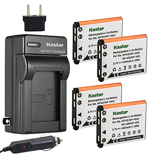 Kastar Battery (4-Pack) and Charger Kit for Fujifilm NP-45 NP-45A NP-45B NP-45S and Fujifilm FinePix XP20 XP22 XP30 XP50 XP60 XP70 XP80 XP90 T350 T360 T400 T500 T510 T550 T560 JX500 JX520 JX550 JZ310