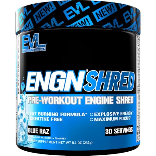 EVL Ultimate Pre Workout Powder - Thermogenic Fat Burn Support Preworkout Powder Drink for Lasting Energy Focus and Stamina - ENGN Shred Intense Creatine Free Preworkout Drink Mix - Blue Raz