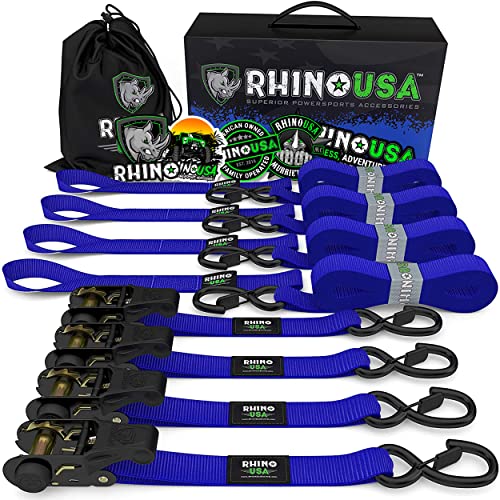 Rhino USA Ratchet Tie Down Straps (4PK) - 1,823lb Guaranteed Max Break Strength, Includes (4) Premium 1' x 15' Rachet Tie Downs with Padded Handles. Best for Moving, Securing Cargo (Blue 4-Pack)