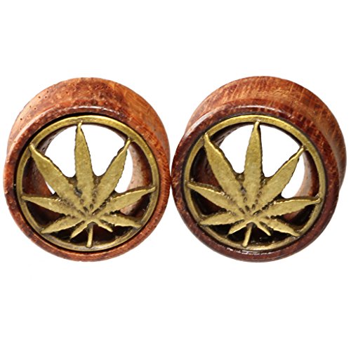 10mm 00g Brass Pot Leaf Marijuana Organic Wood Flesh Tunnels Double Flared Ear Stretcher Saddle Plugs Gauge