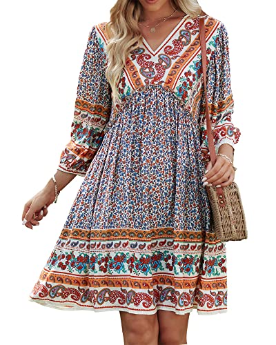 BTFBM Women Casual Spring Summer Dresses V Neck 3/4 Long Sleeve Ruffle Floral Flowy Boho Babydoll Mini Short Beach Dress(Floral Brown Apricot, Medium)