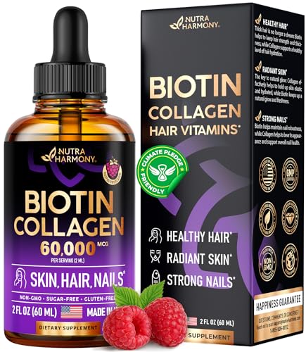 Liquid Biotin & Collagen - Vitamins for Hair Growth Support for Women & Men - Extra Strength 60000 mcg Drops - B7 Supplement - Strong Nails & Healthy Skin - 98% Faster Absorption Than Pills