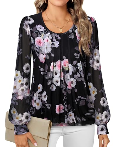 Timeson Women's Work Tops and Blouses, Ladies Banded Bottom Shirts Fancy Black Tops for Women Long Sleeve Floral Tunic Plus Size Double Layers Mesh Professional Business Office Wear Blouses X-Large