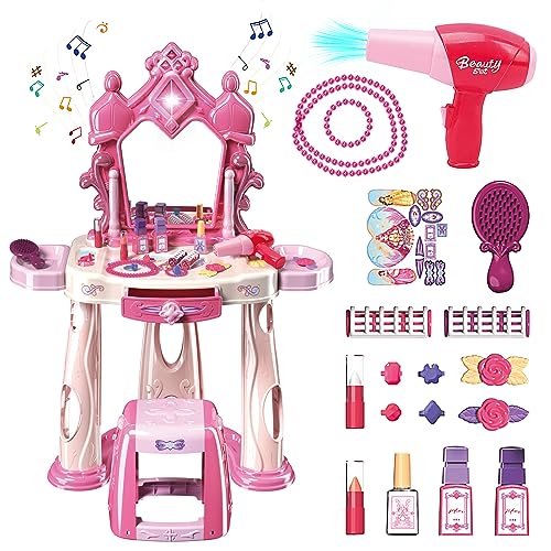 Pretend Play Girls Makeup Table Set with Stool，Kids Vanity Set with Lights and Music，Toddler Beauty Salon Set with Makeup Accessories & Hair Dryer Toy，Best Birthday Gifts for Toddlers 2-5 Years Old