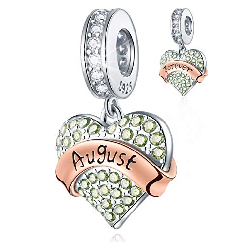 August Birthstone Charms fits Pandora Bday Bracelet, Sparkling Pave Heart Peridot CZ Forever Love Pendant in 925 Sterling Silver, Gifts for Christmas/Mothers Day/Travel
