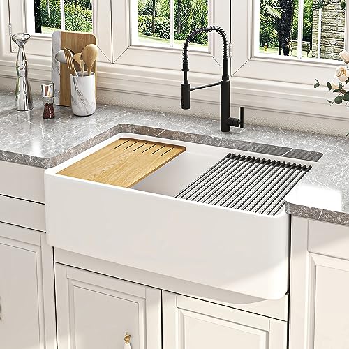 Farmhouse Workstation Sink, DeerValley 33' L x 20' W Single Bowl Farmhouse Kitchen Sink Rectangular Apron Front Sink Fireclay Farmer Sink with Grid, Sink Strainer & Workstation Accessories DV-1K0067A