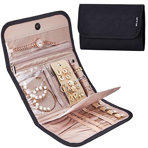 BELALIFE Travel Jewelry Case Organizer, Foldable Jewelry Storage Roll for Earrings, Necklaces, Rings, Bracelets, Brooches, Black