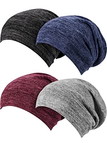 SATINIOR 4 Pieces Satin Lined Sleep Cap Slouchy Beanie Slap Hat for Women (Line Dark Blue, Line Dark Gray, Line Wine Red, Line Black)