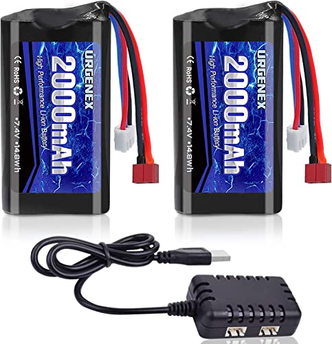 URGENEX 2000mAh 7.4 V Li-ion Battery with Deans T Plug 2S Rechargeable RC Battery Fit for WLtoys 4WD High Speed RC Cars and Most 1/10, 1/12, 1/16 Scale RC Cars Trucks with 7.4V Battery Charger