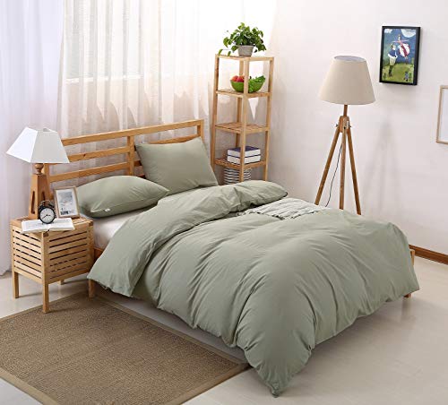 Colourful Snail 100-Percent Natural Washed Cotton Duvet Cover Set, Ultra Soft and Easy Care, Zipper Closure, Corner Ties, Simple Bedding Style, Queen/Full, Olive Green