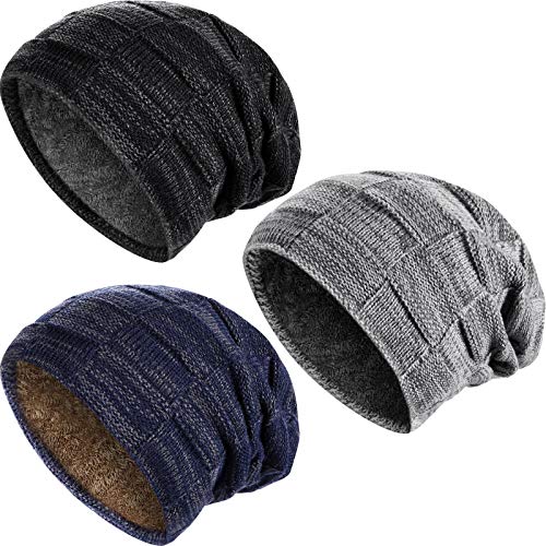 Winter Beanie Hat Warm Slouchy Hats Men Knitted Beanie Hats Fleece Lined Skull Cap for Men(Black, Navy Blue, Grey,3 Pieces)