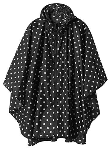 SaphiRose Women Rain Poncho Hooded Coat with Pockets Outdoors, Black Point, One Size