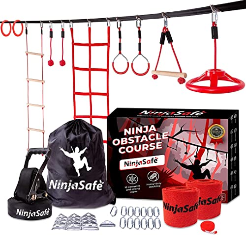 Ninja Obstacle Course for Kids Backyard - 10 Durable Obstacles and 50' Slackline - Outdoor Warrior Obstacle Playset Equipment for Girls & Boys with Monkey Bars, Ladder, Wheel, Gymnastics, Climbing Net