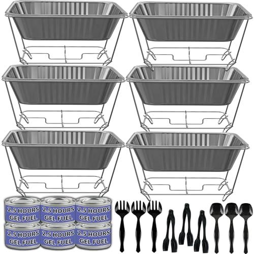 Chafing Dish Buffet Set, Half Size, Disposable Catering Supplies -6 Pack- Food Warmers for Parties, Incl Wire Racks, Fuel, Aluminum Water Pans, Food Pans, Serving Utensils -Single Pan Food Warmer