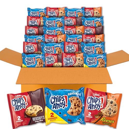 CHIPS AHOY! Cookie Variety Pack, Original Chocolate Chip, Chewy Chocolate Chip with Reese's Peanut Butter Cups & Chewy Hershey's Fudge Filled Soft Cookies, 50 Snack Packs (2 Cookies Per Pack)
