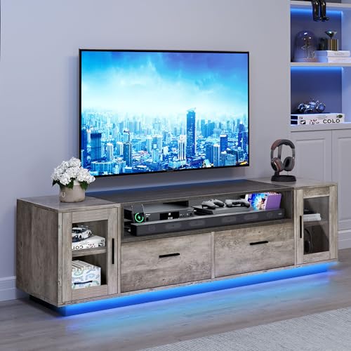 YITAHOME LED Modern TV Stand for 70+ Inch TV w/Outlets & USB Ports, Entertainment Center w/Glass Doors, 2 Storage Drawers, Wood Media Console Cabinet w/Adjustable Shelf for 300lbs, Rustic Grey