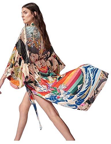 Bsubseach Women Ethnic Print Loose Beach Kimono Cardigan Open Front Swimsuit Cover Up Swimwear with Belt