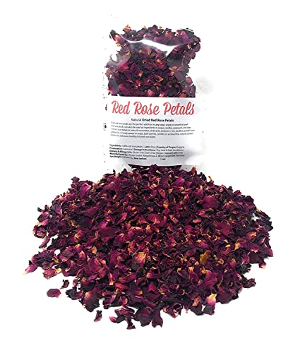 Red Rose Petals - Pure, All Natural & Edible Rose Petals - Dried Flower Petals for Herbal Tea, Decoration, Rose Sprinkles, Topping on Cupcakes, Desserts - Net Weight: 0.35oz/10g