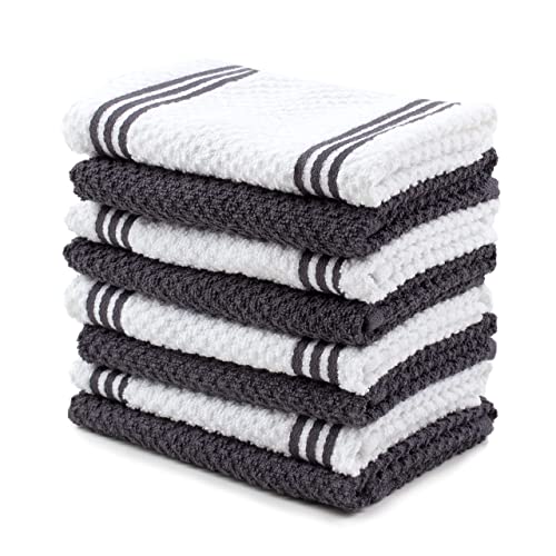 Sticky Toffee Cotton Kitchen Towels Dishcloths Set of 8, Gray and White Tea Towels, Reusable and Absorbent Cleaning Cloths, Oeko-Tex Cotton, 12 in x 12 in