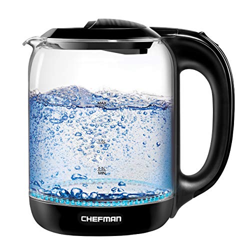 Chefman 1.7 Liter Electric Glass Tea Kettle, Fast Hot Water Boiler, One Touch Operation, Boils 7 Cups, Swivel Base & Cordless Pouring, Auto Shut-Off