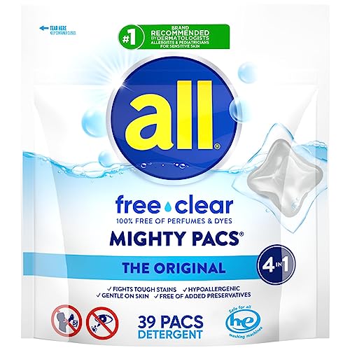 all Mighty Laundry Detergent Pacs, Free Clear for Sensitive Skin, Unscented and No Dye, 39 Count