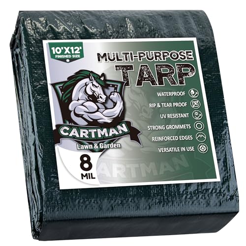 CARTMAN Finished Size 10x12 Feet Waterproof Green Tarp 8 Mil Thick, Multipurpose Protective Cover for Emergency Rain Shelter Camping Tarpaulin