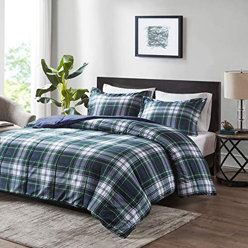 Madison Park Essentials Parkston Plaid Comforter, Matching Sham, 3M Scotchguard Stain Release Cover, Hypoallergenic All Season Bedding-Set, Full/Queen, Navy, 3 Piece