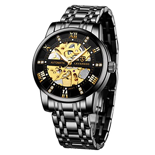 A ALPS Mens Watch Skeleton Luxury Mechanical Stainless Steel Waterproof Black Automatic Self-Winding Roman Numerals Diamond Dial Wrist Watch