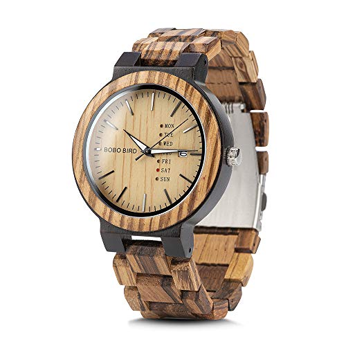 BOBO BIRD Mens Wooden Watch Analog Quartz with Week Display Lightweight Handmade Wood Wrist Watch for Men (Brown Dial)